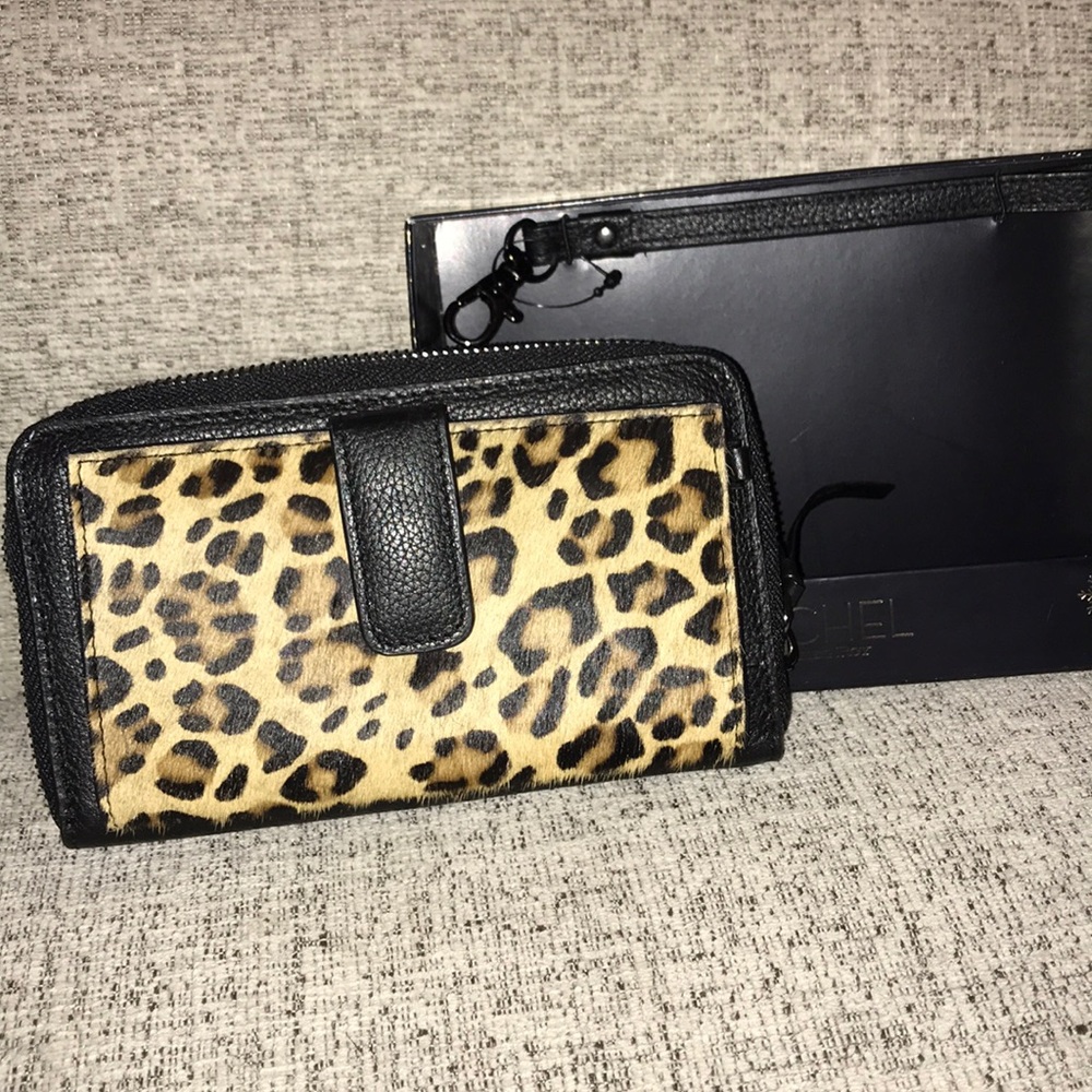 Rachel Roy leather leopard calf hair black wallet
